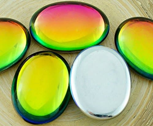 2pcs Crystal Rainbow Dichroic Vitrail Yellow Green St Patrick Day Oval Domed Czech Glass Cabochon 25mm x 18mm