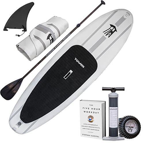 Tower Inflatable 9’10” Stand Up Paddle Board - (6 Inches Thick) - Universal SUP Wide Stance - Premium SUP Bundle (Pump & Adjustable Paddle Included) - Non-Slip Deck - Youth and Adult - Adventure 1