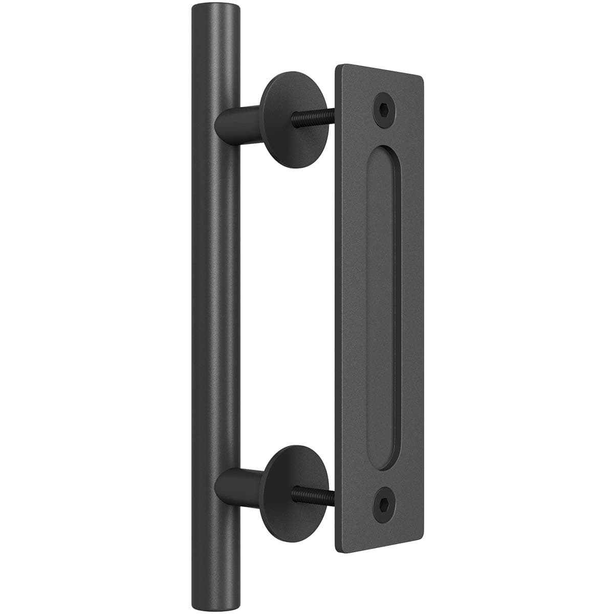 SMARTSTANDARD 12" Heavy Duty Sliding Barn Door Handle, Pull and Flush Hardware Set, Black Powder Coated Finish, Large Rustic Two-Side Design, Round