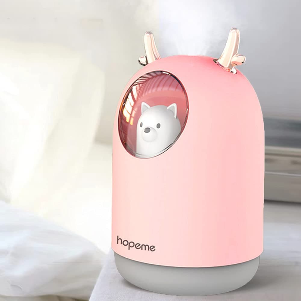 Cute Pet Humidifier with Two Spray Modes, 300ml Water Tank Lasts Up to 10 Hours, 7 Color LED Lights Changing, Waterless Auto Shut-off for Bedroom, Home, Office (Pink)
