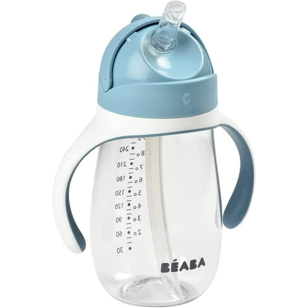 Beaba 2-in-1 Baby Sipper Water Bottle, Anti Spill Sippy Cup with Soft Silicone Straw for Toddlers, Kids, 100% Waterproof, Easy to Open, Removable Handles, Tritan and Silicone - 300 ml, Windy Blue, 8m+