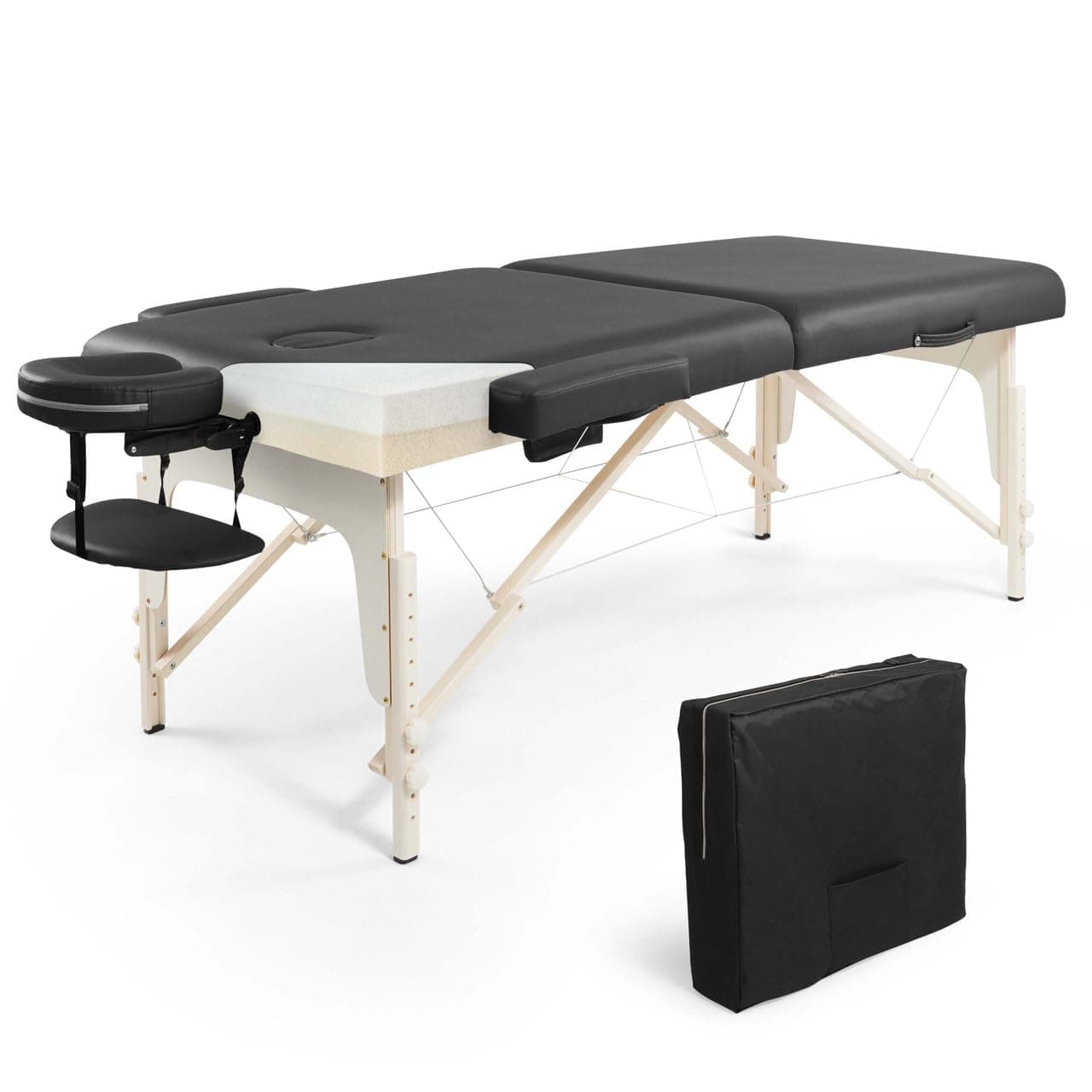 CAPHAUS Premium Memory Foam Massage Table, 84 Inch Foldable & Portable, Height Adjustable Spa Bed, Facial Cradle Salon Bed, Wooden Legs & Carry Case, 32 Inch Wide, Black