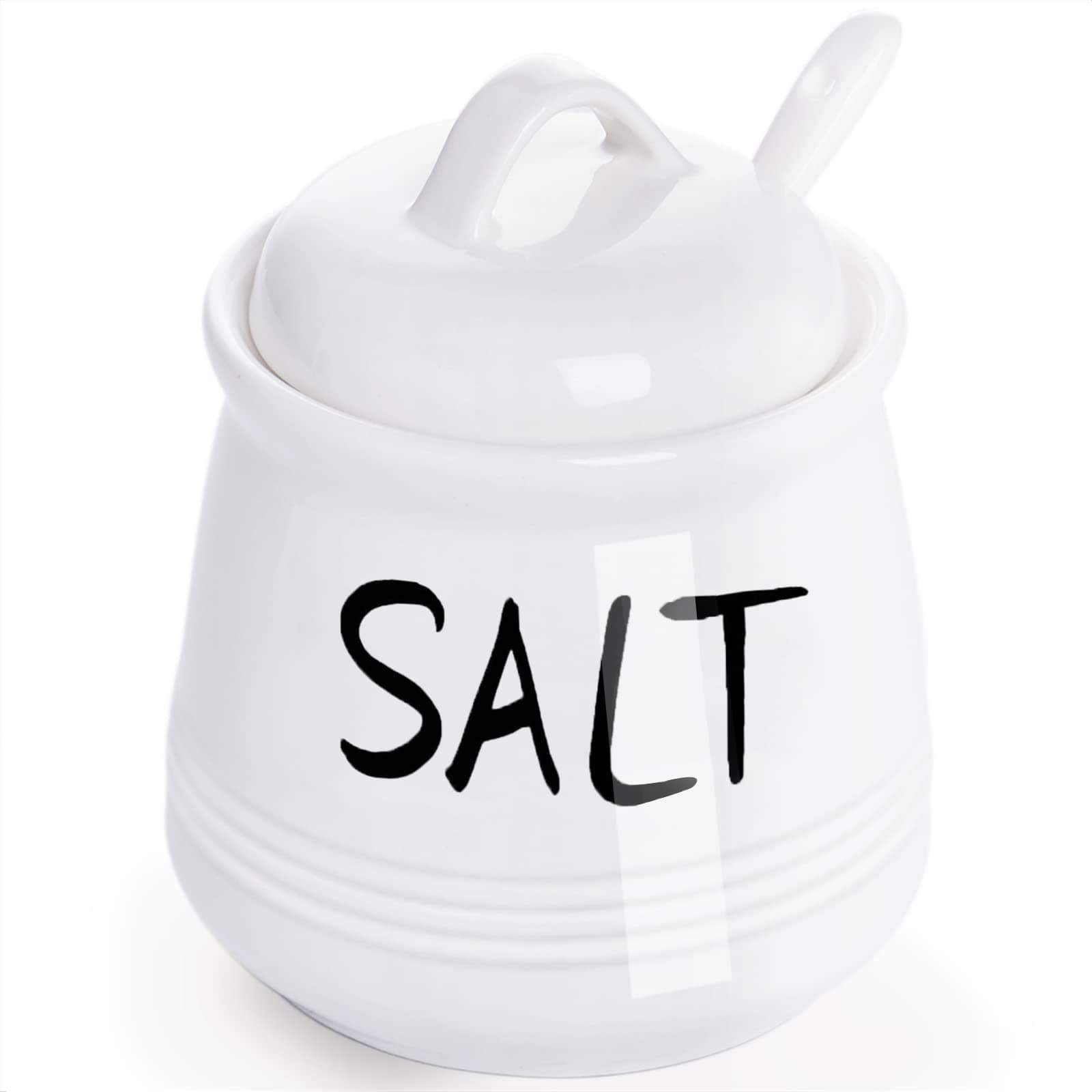 HAOTOP Salt Bowls with Lid and Spoon -12 oz Ceramic Salt Cellar, Salt Containers, Spice Box for Counter, Farmhouse Kitchen Decor, White