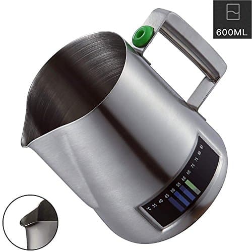 Milk Frothing Pitcher，Coffee4u Stainless Steel Creamer Frothing Pitcher With Integrated Thermometer 20 oz (600 ml), Chrome