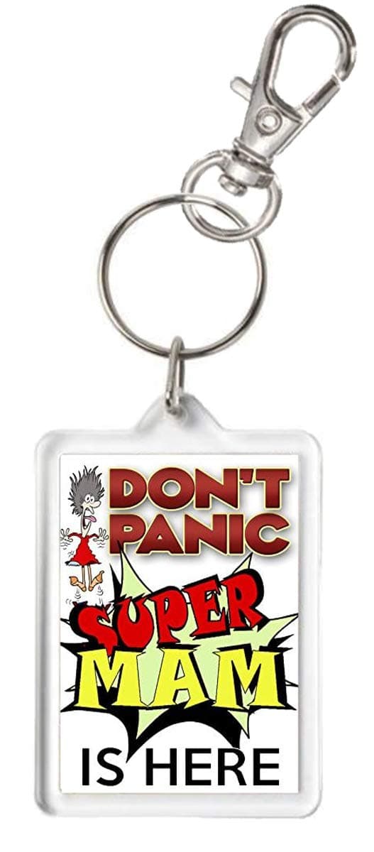 Don't Panic - Super Mam is Here, Novelty Keyring, Keychain. Gift for Mum, Mom, Mother, Mummy