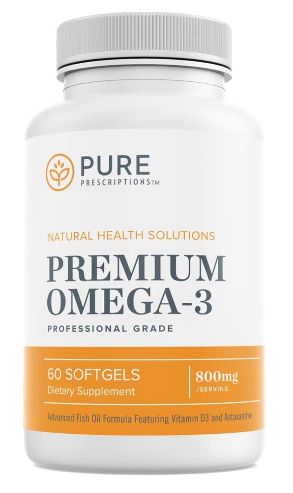 Pure Prescriptions Premium Omega 3 Fish Oil - DHA, EPA, Vitamin D3 and Astaxanthin Supplement - Promotes Healthy Skin, Cardiovascular Support, Anti-Inflammatory, Brain Function - 60 Softgels