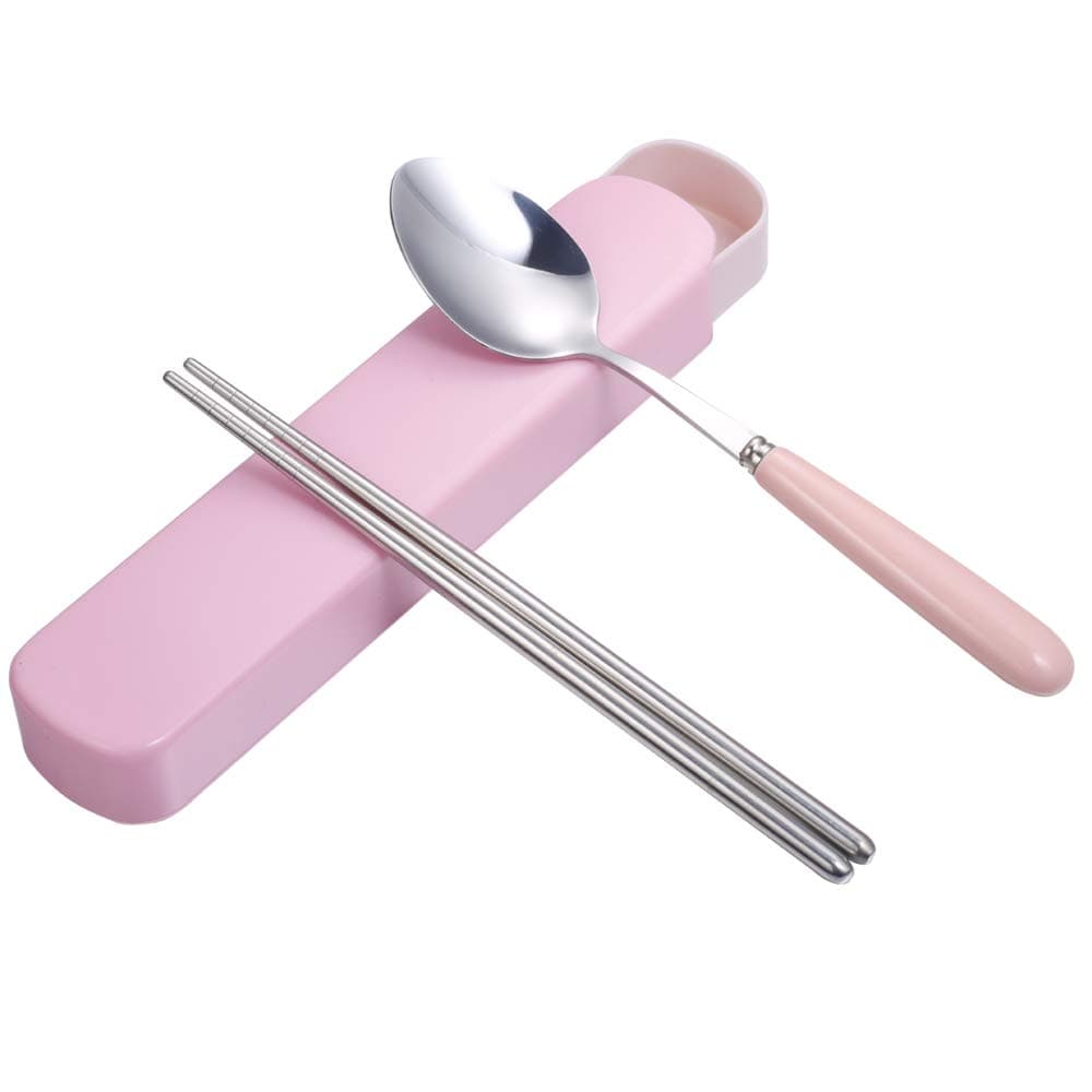 Reusable Flatware Set ，Ccinny 2PCS Stainless Steel Ceramics (Spoon, Chopsticks) Portable Travel Utensil Set for Travel/Camping, Office Lunch With Carry Box (2pcsPink)