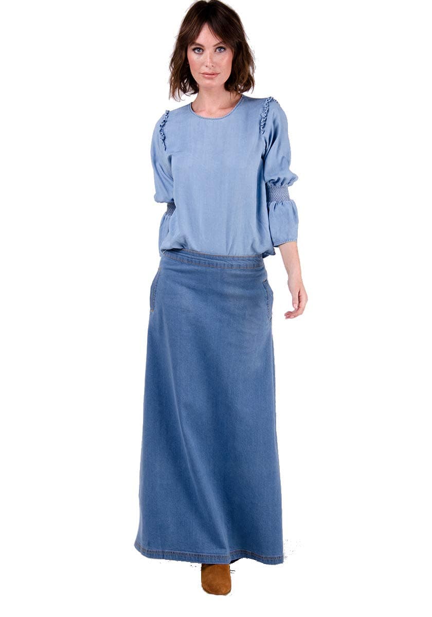 Lottie Long Denim Skirt - Palewash Maxi Jean Skirt with Stretch US 6-24