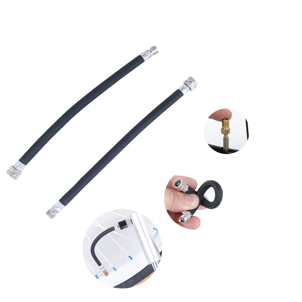 Air Pump Inflator Extension Hose High Pressure Schrader Valve for Mountain Road Bike Bicycle with Brass Presta Valve Adaptor，2 Pack, Black