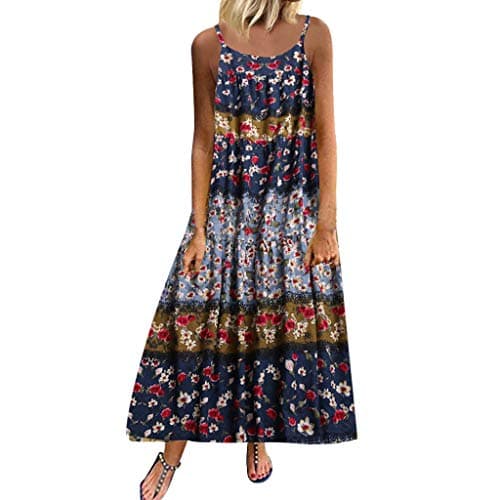 Clearance Women Plus Size Boho Retro Linen Print Casual Loose Sleeveless Long Maxi Dress