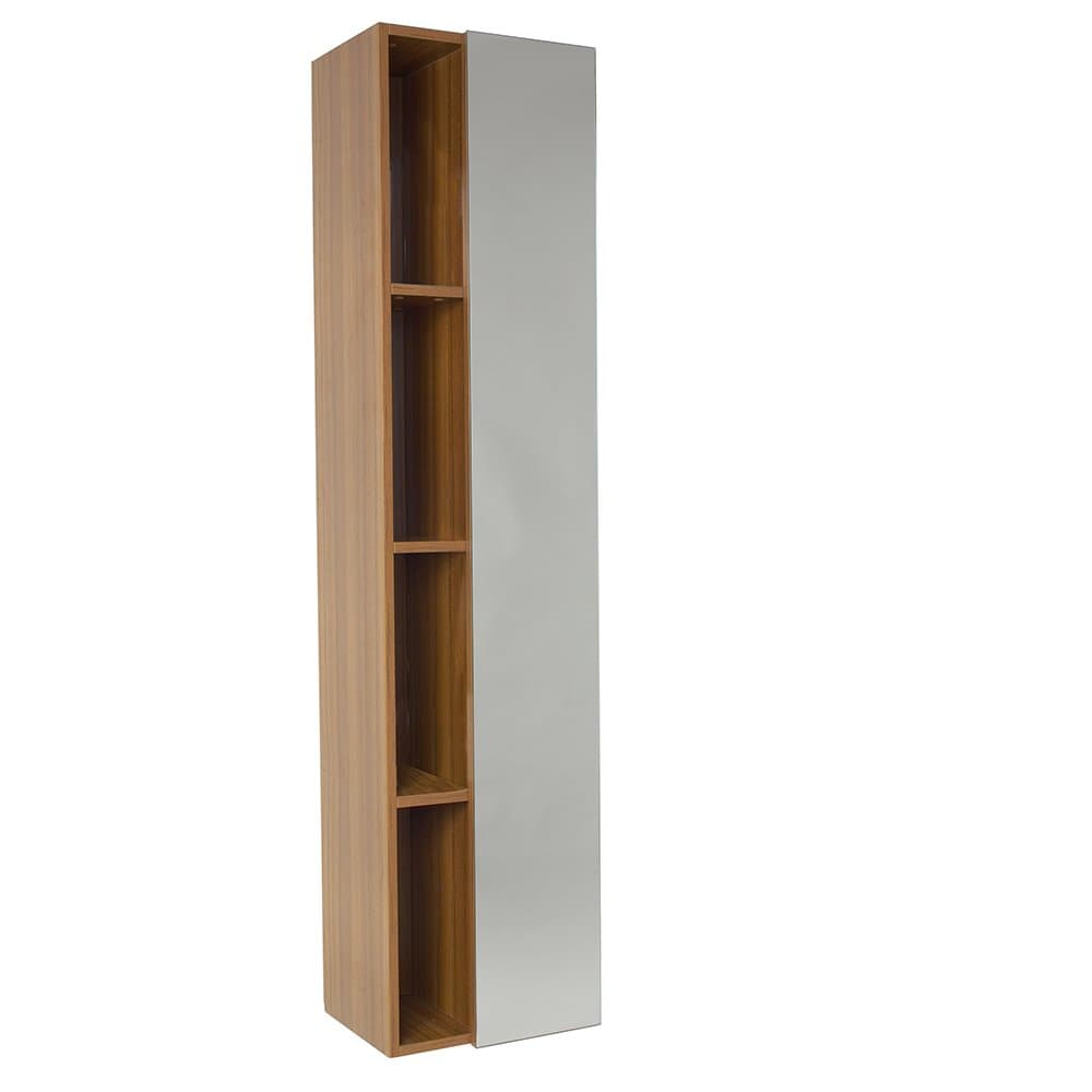 Fresca Bath Bathroom Linen Side Cabinet with 4 Cubby Holes and Mirror, Teak