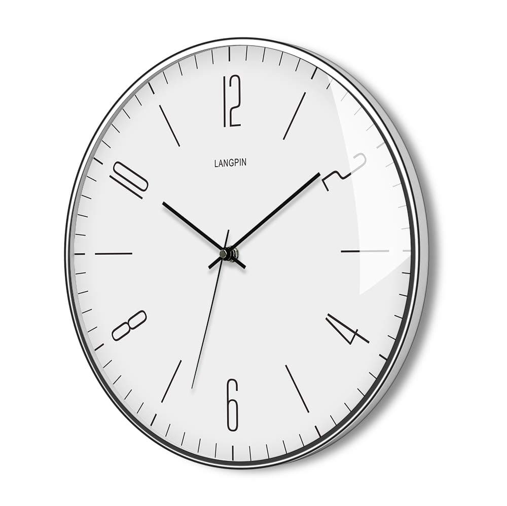 Silent & Non Ticking Modern Wall Clock 14"- Battery Operated Digital Quiet Sweep Office Decor Clocks,Chrome Coated Metal Frame Glass Cover 903-1