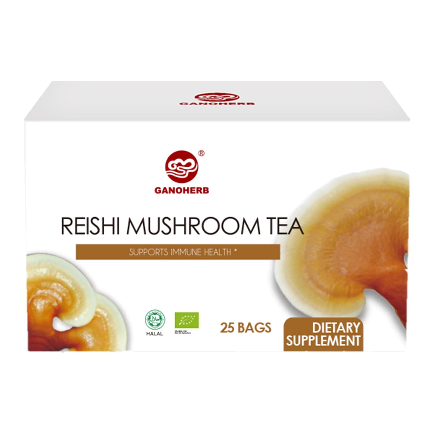 GANOHERB Reishi Mushroom Tea, Adaptogen Ganoderma Lucidum Herbal Tea for Immune Health Boost, Stress Relief, Caffeine-Free, No Sugar, 25 Count (Pack of 1)
