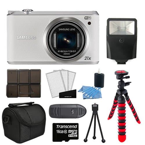 Samsung WB350F Smart WiFi Digital Camera White + Flexible Tripod + Transcend 16 GB Memory Card + Digital Slave Flash with bracket + Small Digital Camera/Video Case + Ultra Clear screen protectors + 3 Piece Deluxe Cleaning kit