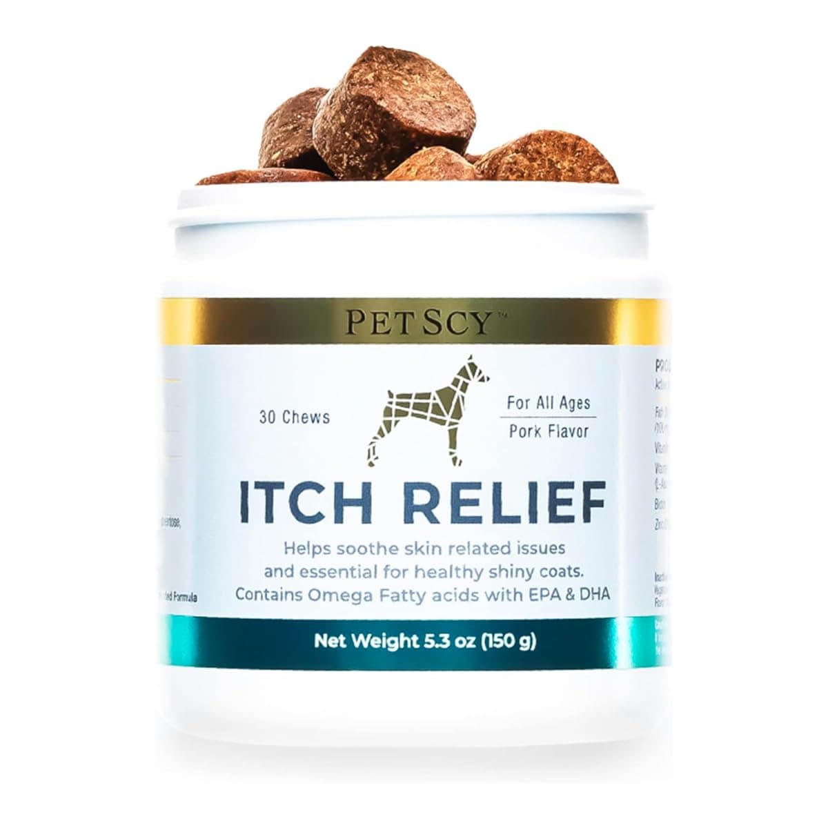 PetScy Dog Itch Relief Chews with Omega 3 Fatty Acids, EPA & DHA | Itch Relief for Dogs Nutritional Support, Immunity & Muscles | Itchy Skin Treatment for Dogs of All Ages, Pork Flavor - 30 Chews