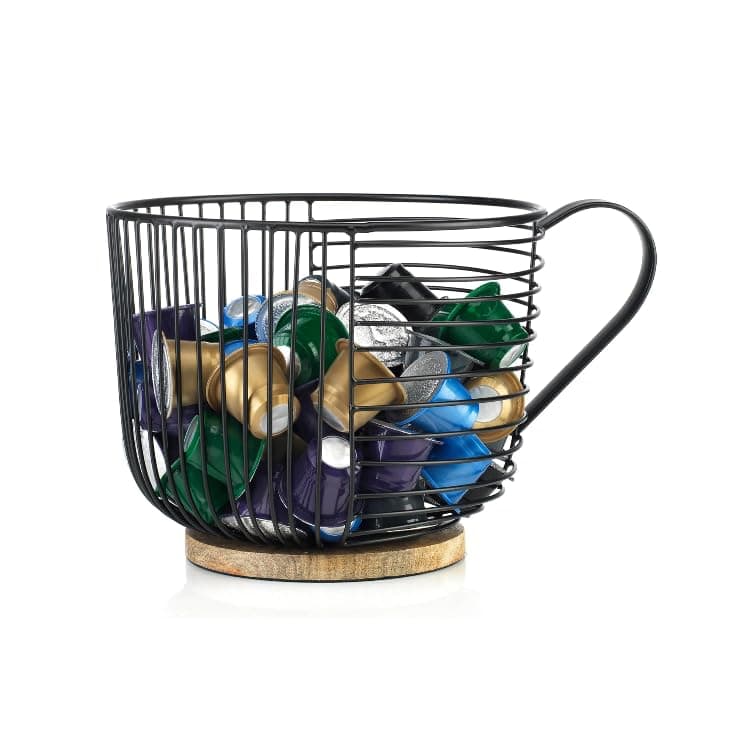Coffee Pod Holder - Large Capacity Black Wire K Cup Storage with Wooden Base - Modern Coffee Basket Decor for Kitchen Countertop for Keurig Kcups & Espresso Capsules