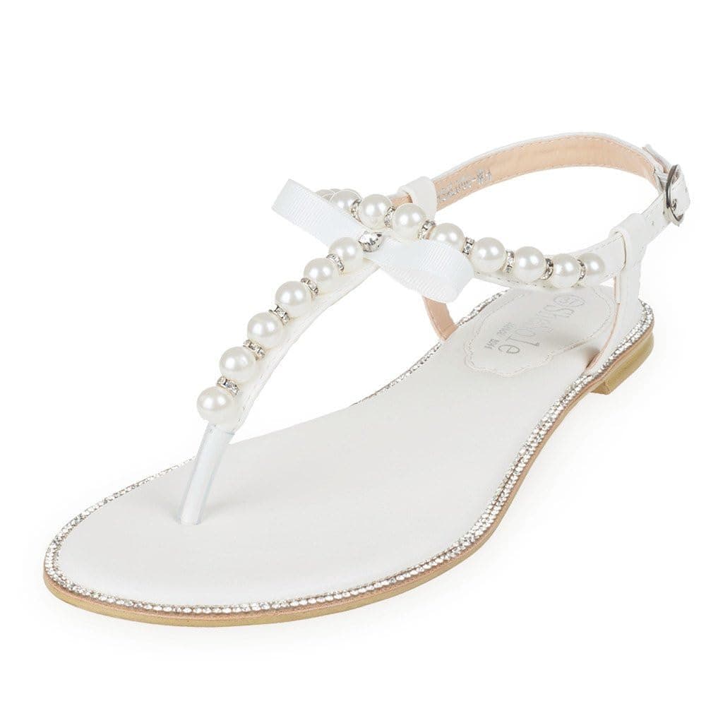 SheSole Women's Pearl T-Strap Bridal White Flat Sandals Beach Wedding Shoes