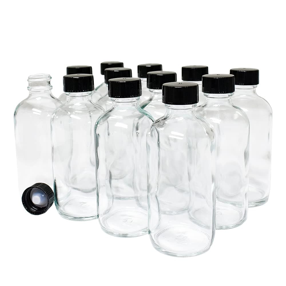 (Pack of 12) 4 oz. Clear Boston Round with Black Poly Cone Cap