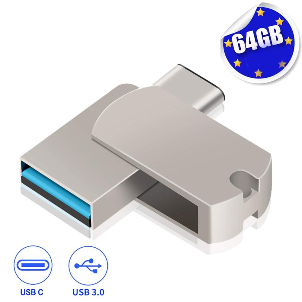 USB C Flash Drive 64GB USB 3.0, EASTBULL 2 in 1 OTG and USB Dual Drive Waterproof Memory Stick Metal Type C Flash Drive with Keychain for Type-C Smartphones, Tablets, Computer, MacBook (Silver)