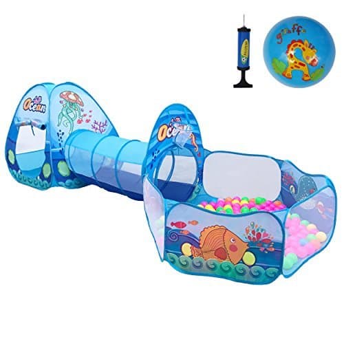 Newest Ocean Theme 3Pcs Kids Play Tent with Tunnel Ball Pits Indoor and Outdoor Children Playhouse for Toddlers, Babies Include Inflatable Toy Ball (Ocean Balls Not Included )