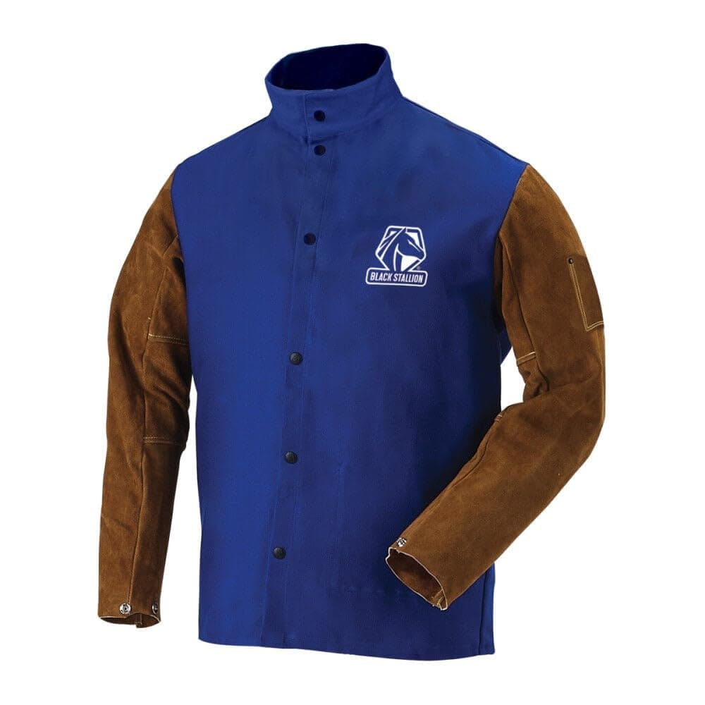 Revco Black Stallion (FRB9-30C/BS) 30" Length, 9 oz Flame-Resistant Cotton & Cowhide Hybrid Welding Jacket, Standup Welder's Collar, Dual Scribe Pockets, 2X-Large, Royal Blue and Brown