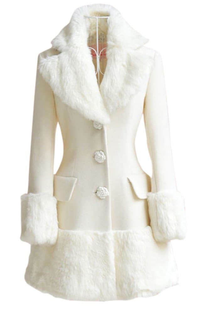 QUANGANG Women's Winter Fur Collar Lapel Wool Swing Parka Trench Coat
