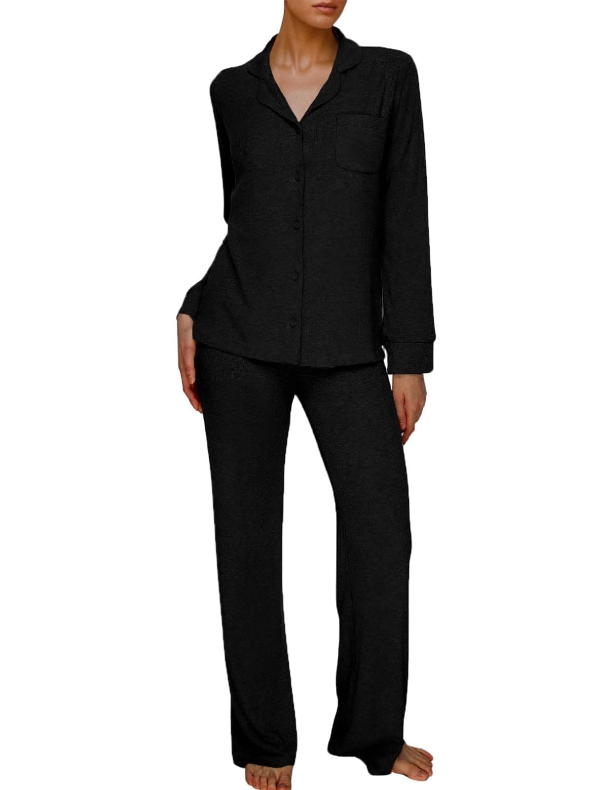 AnotherChillWomen's Pajamas Set Long Sleeve Button Down Ribbed Knit 2 Piece Sleep Sets Loungewear Soft Pjs