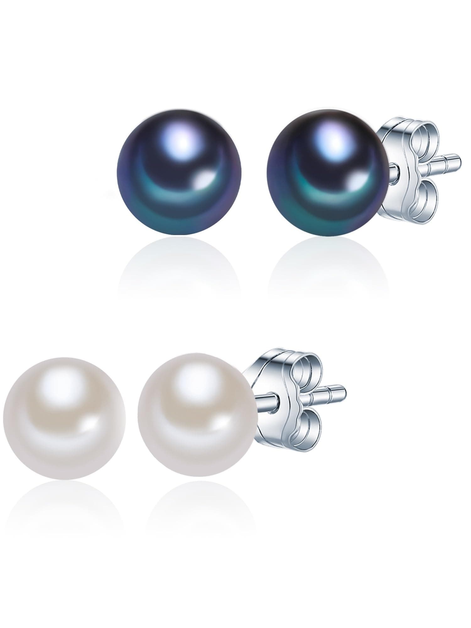 Sterling Silver 925 rhodium-plated Ladies Set of 2 Stud earrings with Freshwater cultured pearls white peacock-blue 60020047