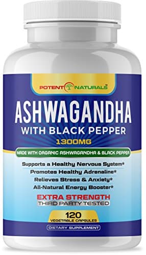 Potent Naturals Ashwagandha 1300mg 120 Vegetable Capsules - Organic Root Powder Extract with Black Pepper - Thyroid, Anxiety Relief, Adrenal, Cortisol Support - Non-GMO, Soy, Gluten-Free