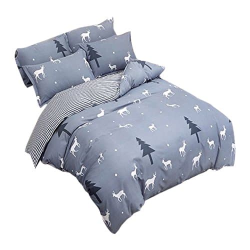 TTMALL Duvet Cover Bedding Sets 3-Pieces Full/Queen Size(90"x90") Microfiber,White Elk Deer Black Trees Grey Prints Floral Patterns Design,Without Comforter (Full/Queen, 1Duvet Cover+2Pillowcases-11)
