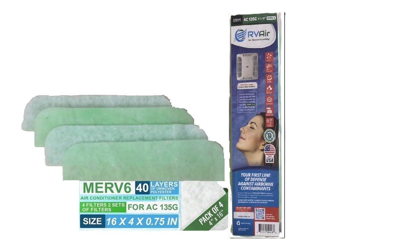 RV Air AC Filter - Replacement Parts for Camper Accessories, Travel Trailer Air Conditioners, MERV 6, Durable, Cleaner Air, Easy to Install, Ideal for Camping - 2 Filters 135G 16 x 4" x .75"