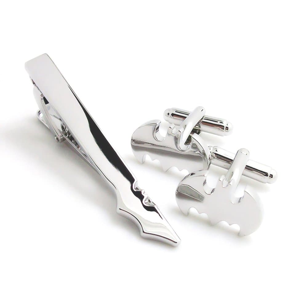 Super Hero Collection Silver Bat Men’s Classic Formal Occasions Cufflinks and Tie Clip Bar Set