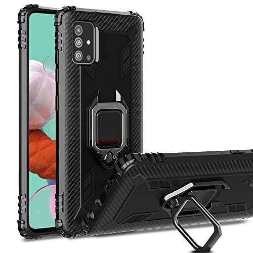 Ruisyi for Galaxy A51 Case,TPU Carbon Fiber Soft Rubber Case with Kickstand Texture Anti-Slip Shock Absorber Protective Case Cover for Samsung Galaxy A51 (Black)