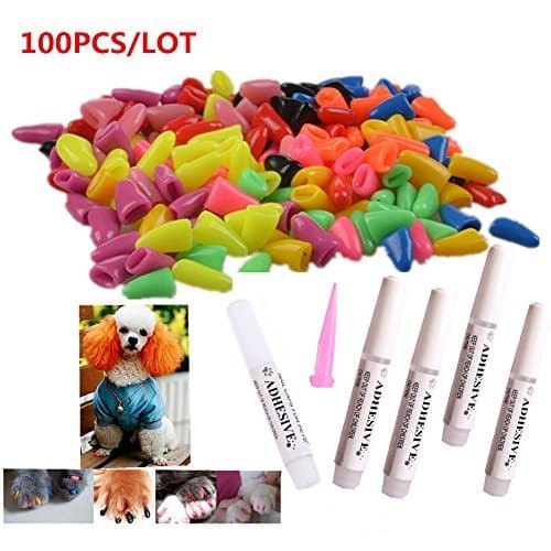 100Pcs Colorful Dog Nail Claw Cap + 5Pcs Adhesive Glue + 5Pcs Applicator Soft Rubber Pet Nail Cover