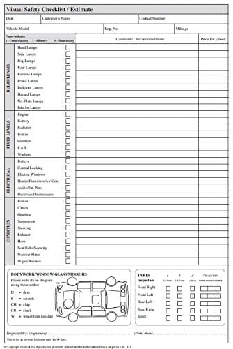 Legally Compliant - Vehicle Safety Checklist & Estimate Pad - Service & Repair