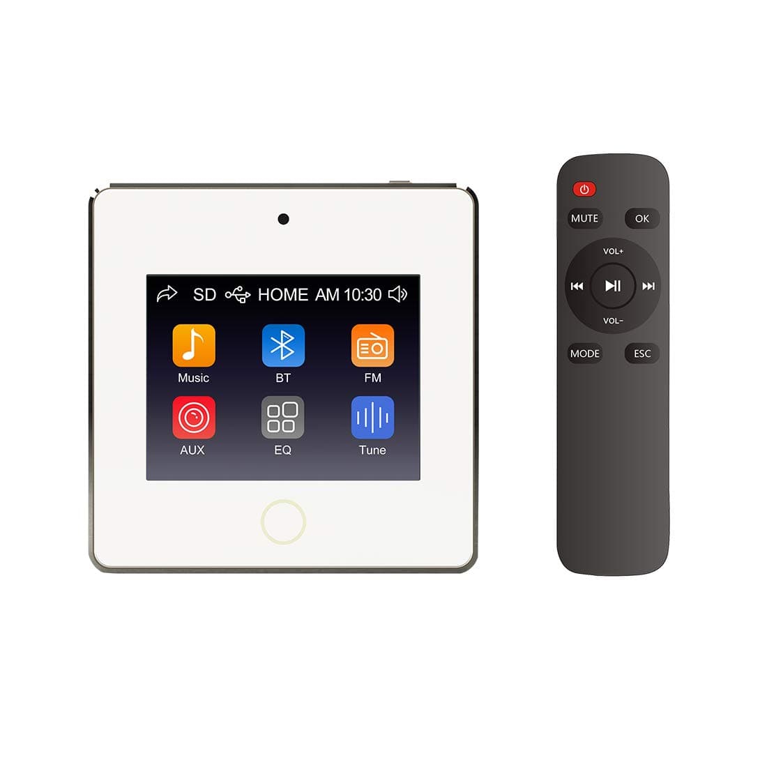 HELMER Wall Mount BT Receiver Volume Controller, in Wall Stereo Audio Amplifier with Touch Screen for USB,TF Card, FM Radio, Home Speaker System, White, L60