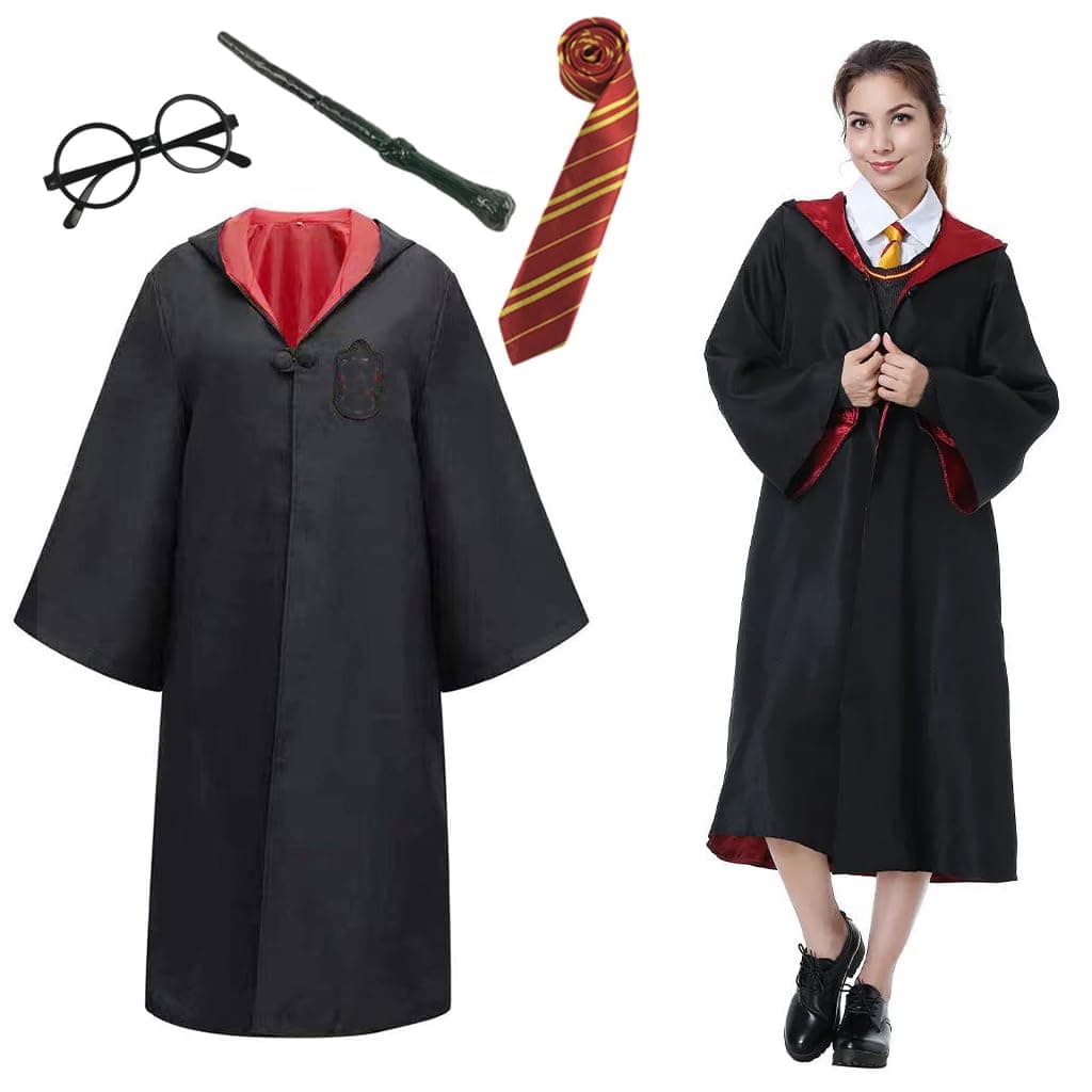 PATPAT® Harry Potter Costume Wizard Costume Robe Set, Cosplay Costumes for Women Men School Magic Wizard Cloak with Wands, Tie & Glasses for Adult Teens (Size L, Suggest Height 170-175cm)