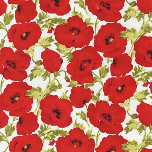 Poppy Fabric White Poppies Fabric (Small) by Half METRE - JL126 Red White Green Fabric - 100% Cotton (Small Poppies on White JL126)