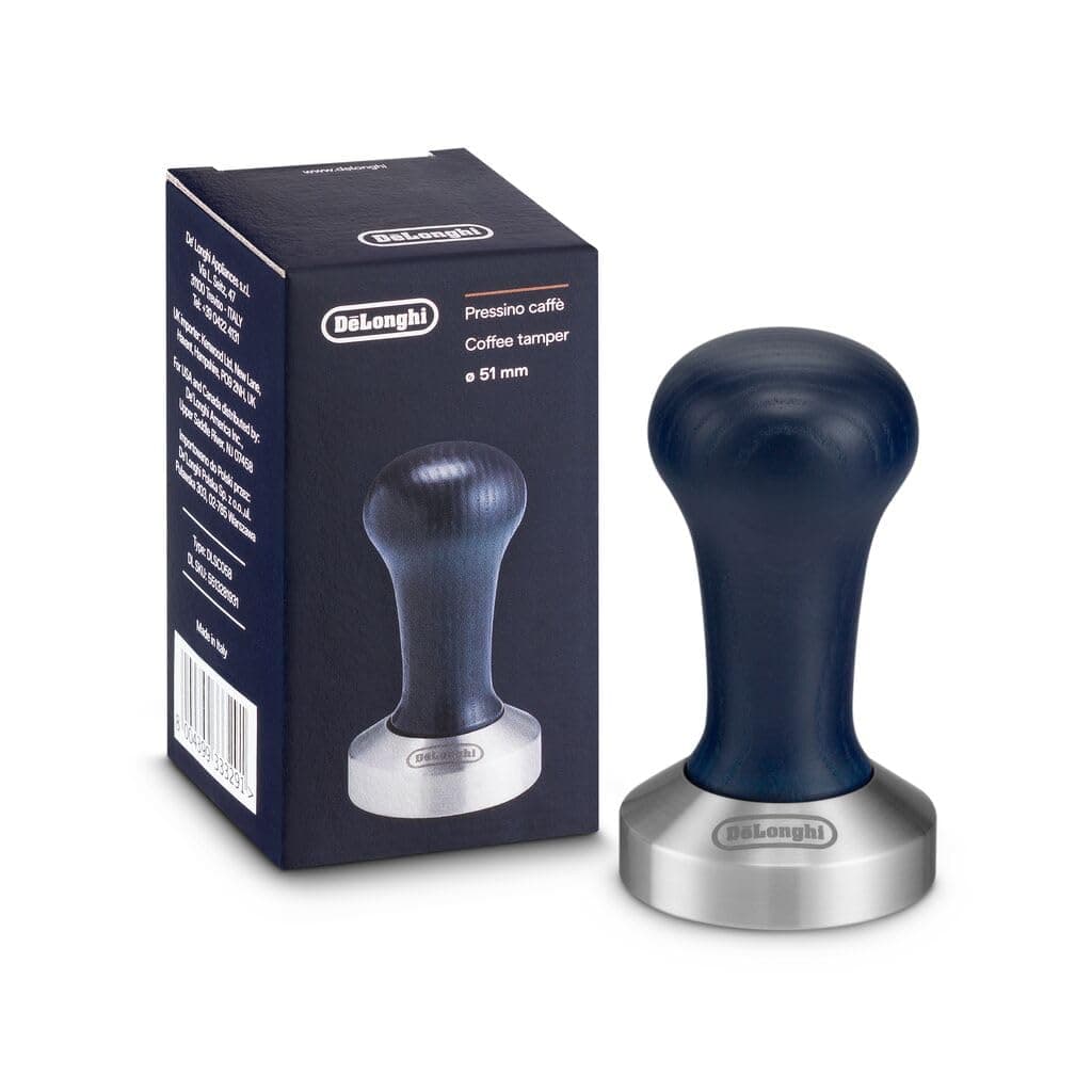 De'Longhi Coffee Tamper - Calibrated Stainless Steel Base with Natural Wood Handle, 51mm Diameter, Ergonomic Grip, Perfect Pressure for Espresso, Suitable for Pump Espresso Machines, Blue DLSC058