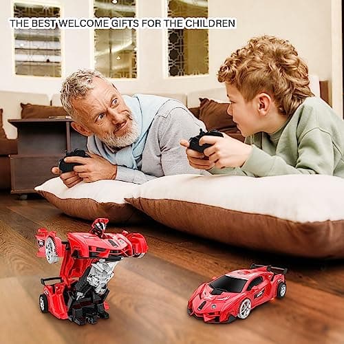 KKONES Remote Control Deformation Robot Car Toy - 360° Rotating RC With LED Light for Boys Girls 3-12 Years Old - Birthday Gift (Red)