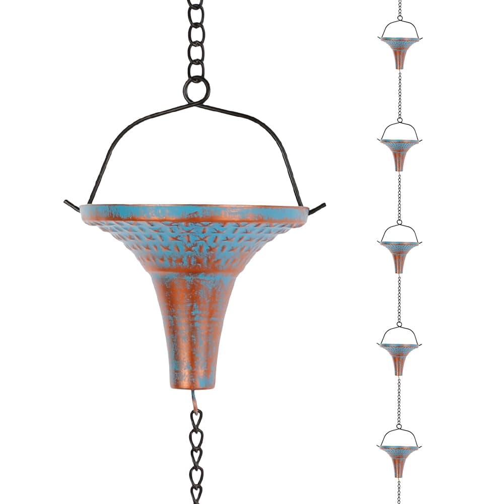 10 Ft Rain Chains for Gutters, Metal Rain Catcher Chain for Eaves Drainage, Rain Gutter Chains with 10 Blue Funnel Cups, Adjustable Rain Chain for Outdoor Decor