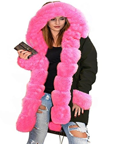 Aofur Womens Hooded Faux Fur Lined Warm Coats Parkas Anoraks Outwear Winter Long Jackets (Small, Black Pink Fur)