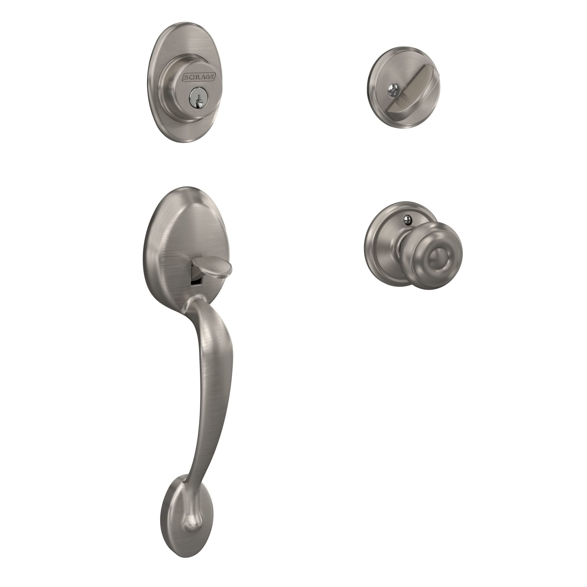 F60 V PLY 619 GEO Plymouth Front Entry Handleset with Georgian Knob, Deadbolt Keyed 1 Side, Satin Nickel