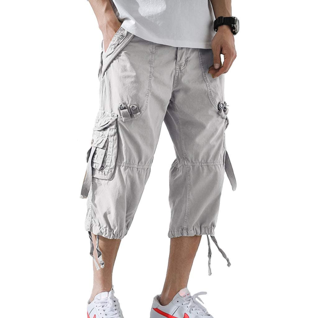 DONGD Mens Cargo Shorts Cotton 3/4 Loose Fit Below Knee Capri Cargo Short