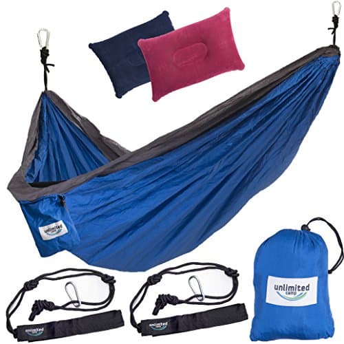 2 Person Hammock by Unlimited Camp: 3 Seam Nylon Portable Lightweight Bedding for Camping, Hiking, Beach, or Yard plus Free Pillows, Ropes, and Straps