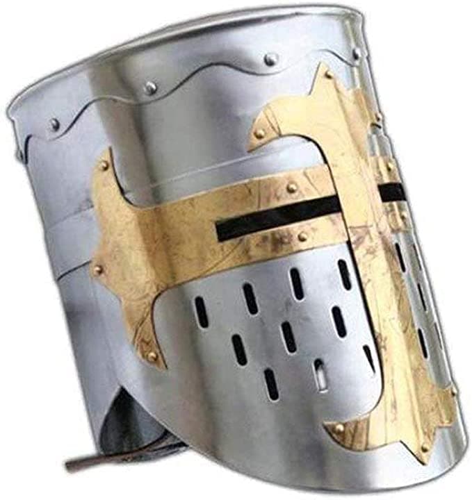 AnNafi Medieval Templar Crusader Knight Armor Helmet | Greek Roman Spartan Armour | Silver Gold Antique Helm A+ | Wearable Free-Size for Adult Costumes