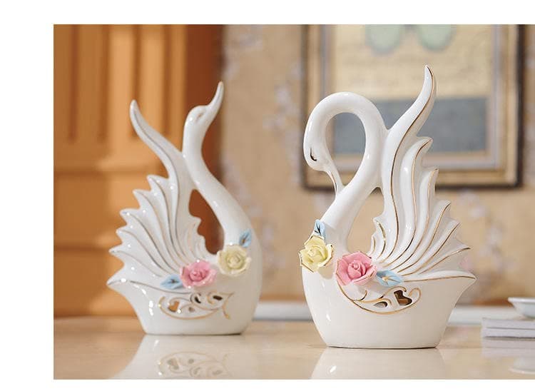 UNIVERSE LIGHTS Ceramic Swan Figurines Porcelain Bone China Swan Figurine 23x14cm, 22x14cm,White-Multicolour Flower Set of 2