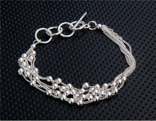 925 Sterling Silver Plated Copper-Nickel Alloy Multi-Strand Bracelet with Glossy Beads (Silver) M.