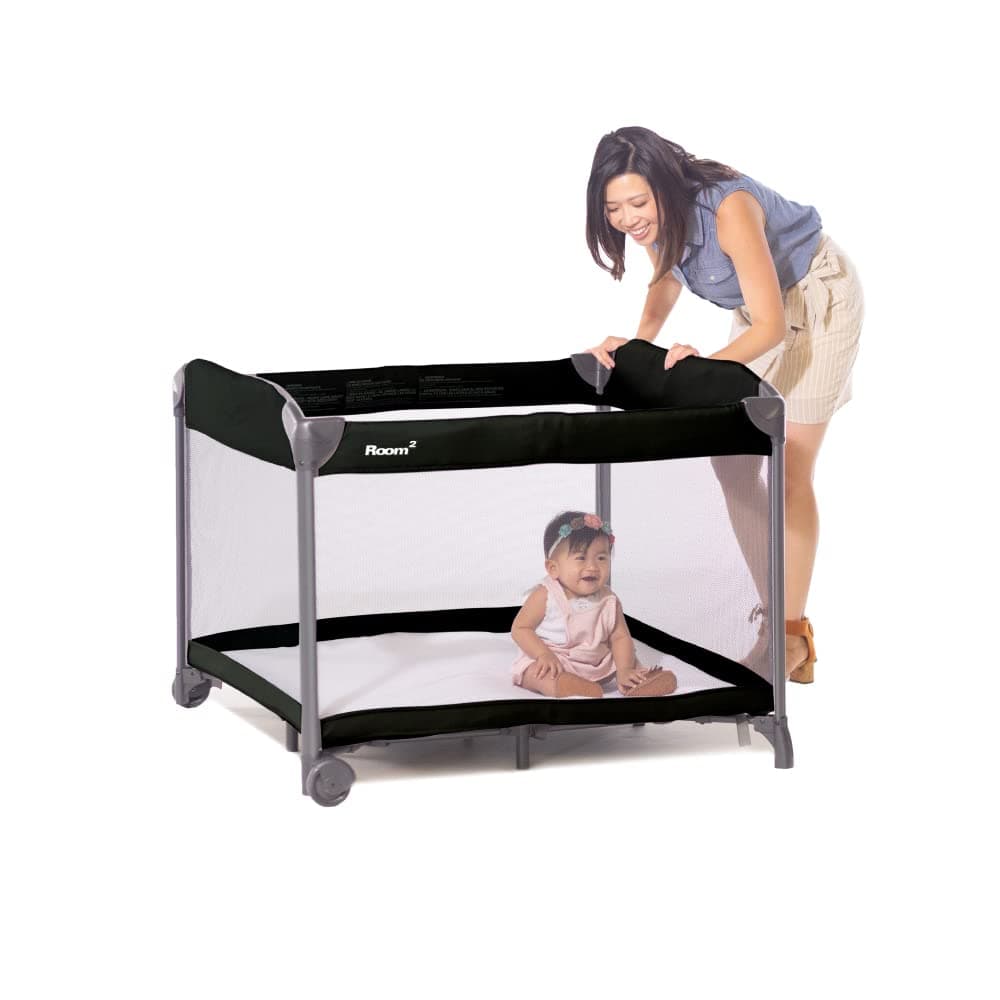 Roomยฒ Large Portable Playpen for Babies and Toddlers with Nearly 10 sq ft of Space, Large Mesh Windows for 360 View, and Waterproof Mattress Sheet - Folds Easily when Not in Use (Black)