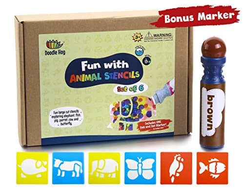 Zoo Animal Stencils + Dab and Dot Marker, Preschool washable fun large cut stencils exploring elephant, fish, pig, parrot, cow and butterfly.